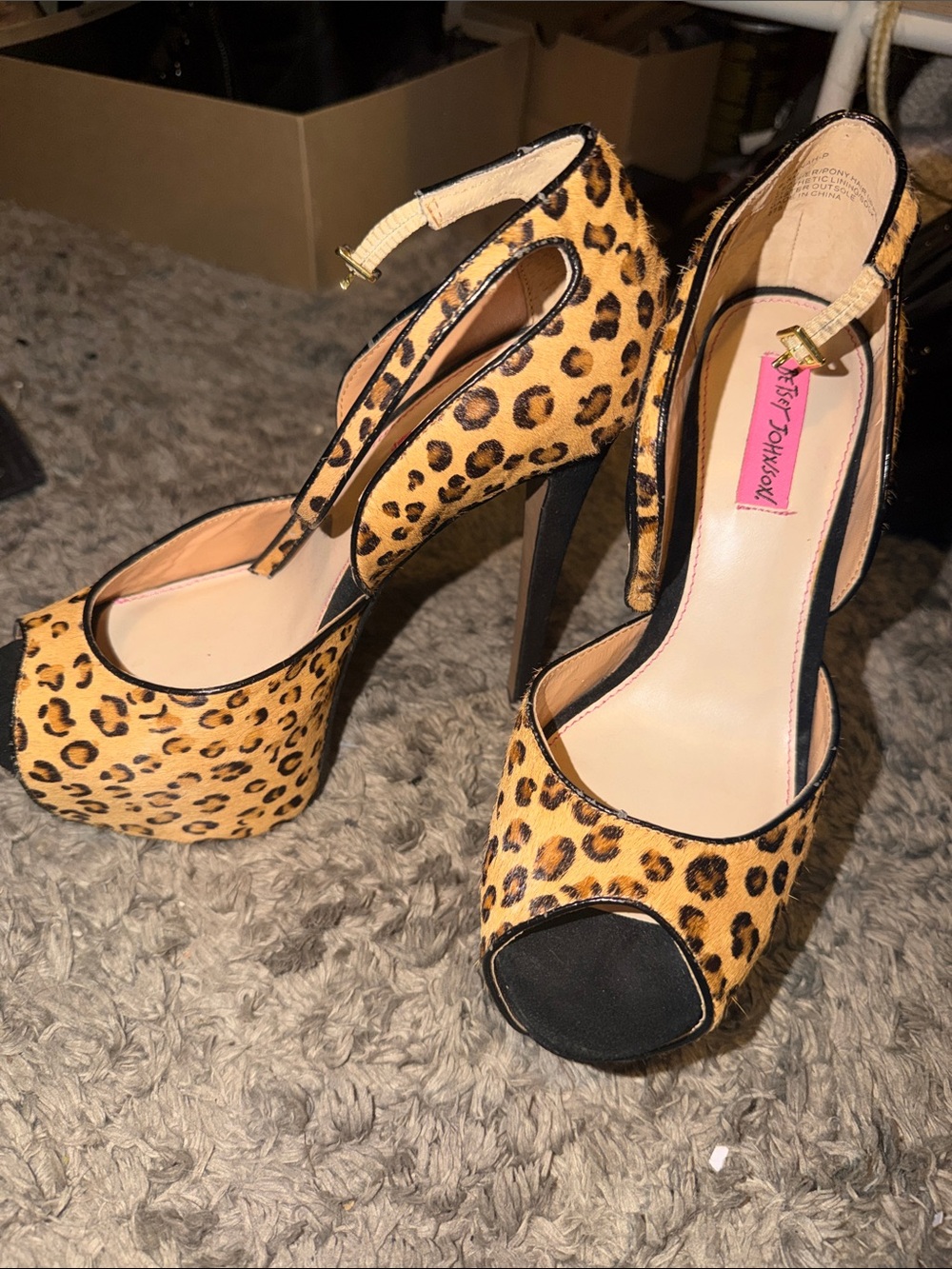 Betsey Johnson Leopard Print Peep-Toe Platform Heels - Tan & Black
